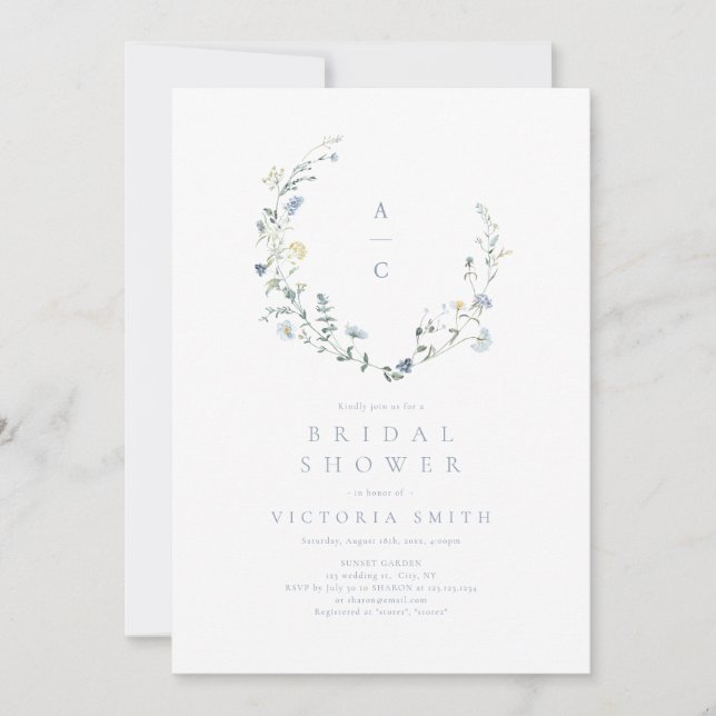 Dusty Blue Wildflower Rustic Boho Bridal Shower  Invitation (Front)