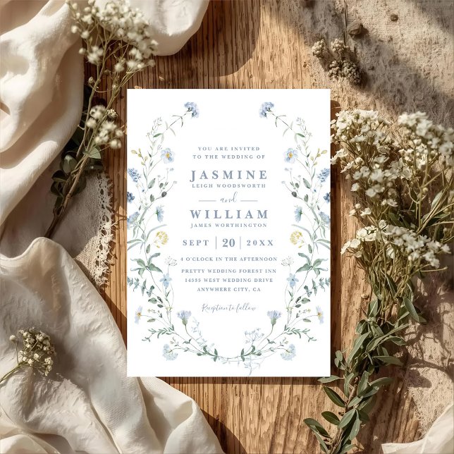 Dusty Blue Wildflower Rustic Boho QR Code Wedding Invitation (Creator Uploaded)