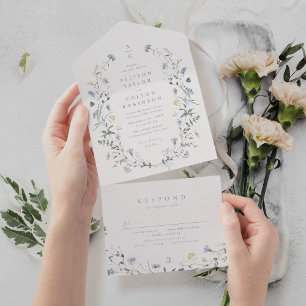 Dusty Blue Wildflower Rustic Boho Wedding monogram All In One Invitation