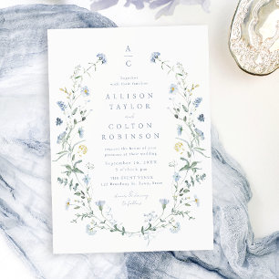 Dusty Blue Wildflower Rustic Boho Wedding monogram Invitation
