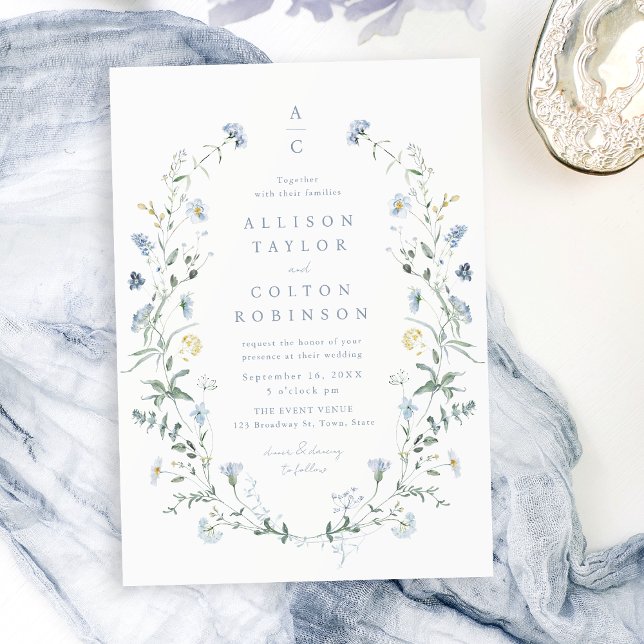 Dusty Blue Wildflower Rustic Boho Wedding monogram Invitation (Dusty Blue Wildflower Rustic Boho Wedding monogram Invitation)