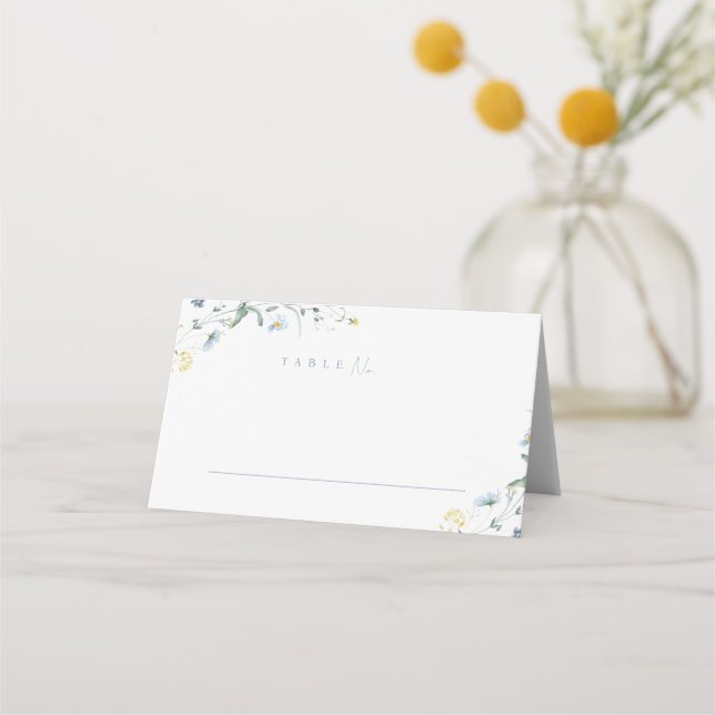 Dusty Blue Wildflower Rustic Boho Wedding Monogram Place Card (Front)