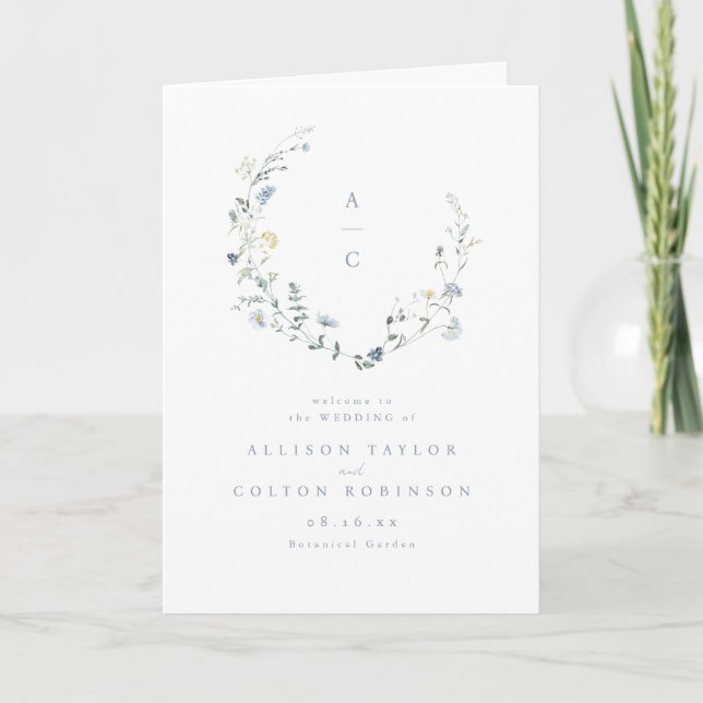 Dusty Blue Wildflower Rustic Boho Wedding Monogram Programme (Front)