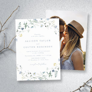 Dusty Blue Wildflower Rustic Boho Wedding Photo Invitation