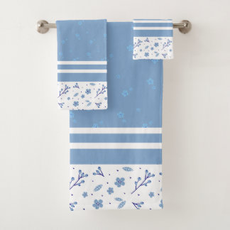 Dusty Blue Wildflower Stripes Pattern Bath Towel Set