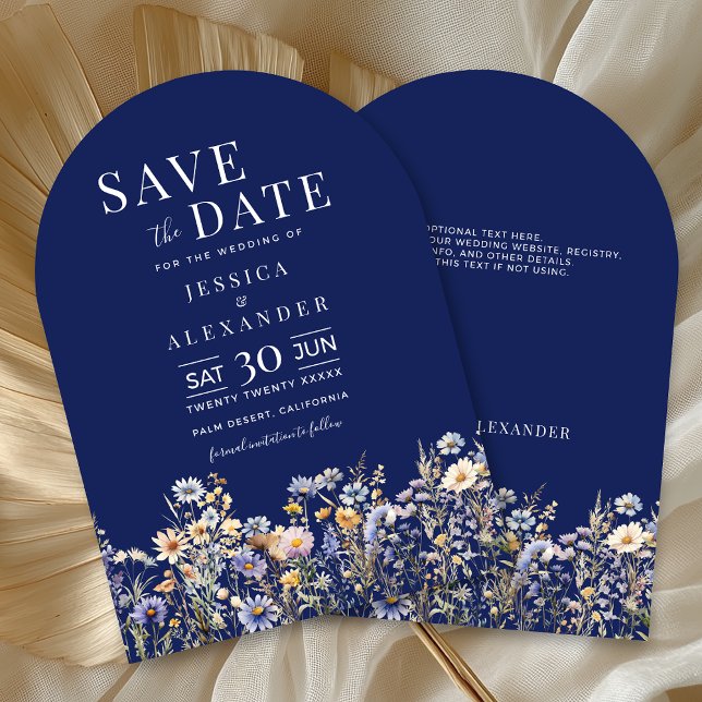 Dusty Blue Wildflower Wedding Arch Navy Save Date Invitation (Dusty Blue Watercolor Wildflowers Wedding Arch Save the Date, Navy Blue Background, Text on Back.)