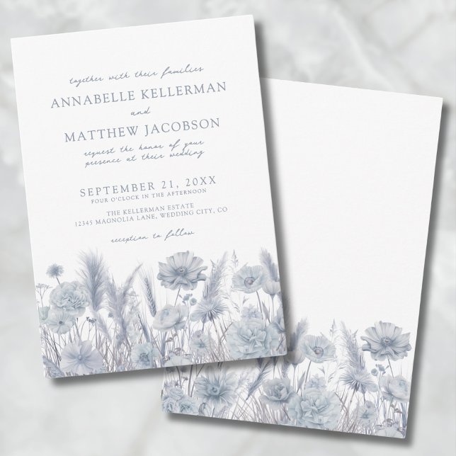 Dusty Blue Wildflower Wedding Invitation (Botanical Pampas Floral Dusty Blue Wedding Invitation)