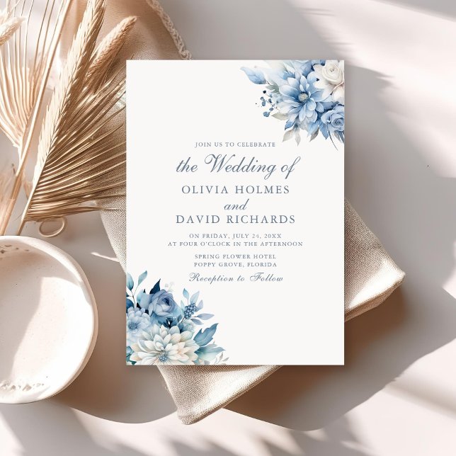 Dusty Blue Wildflower Wedding Invitation (Modern Dusty Blue and White Flowers Wedding Invitation on a sunny neutral boho table.)
