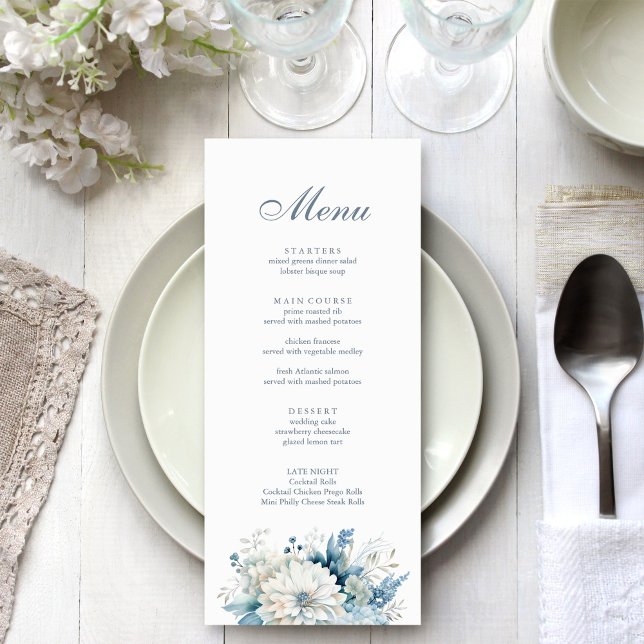 Dusty Blue Wildflower Wedding Menu Card (Modern Dusty Blue Wildflowers Wedding Menu on a white and silver wedding table.)