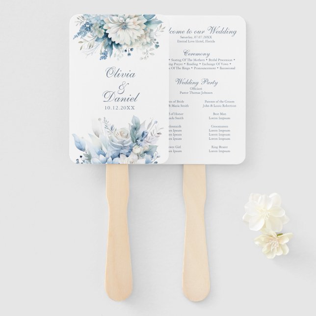 Dusty Blue Wildflower Wedding Program Fan (Front and Back)