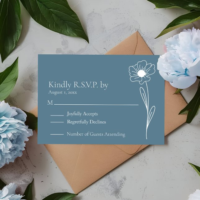 Dusty Blue Wildflower Wedding RSVP Card (Dusty Blue and White Wildflower Simple Modern RSVP Response Card Change to your own color!)
