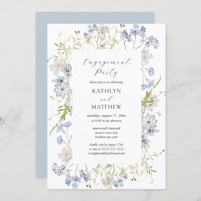 Dusty Blue Wildflower Whimsical Engagement Party Invitation (Creator Uploaded)