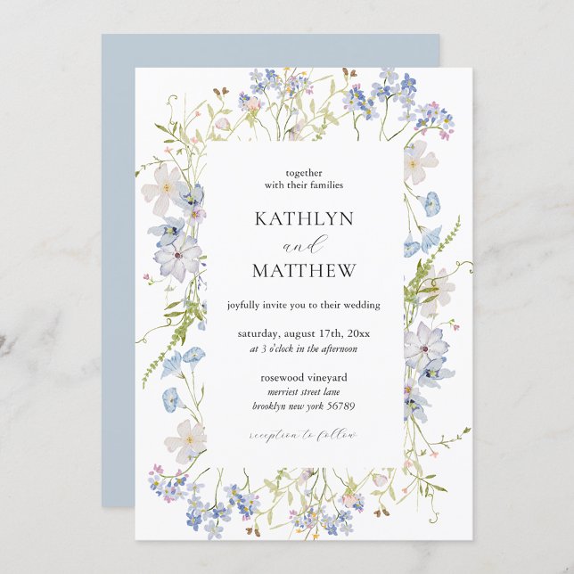 Dusty Blue Wildflower Whimsical Modern Wedding Invitation (Creator Uploaded)