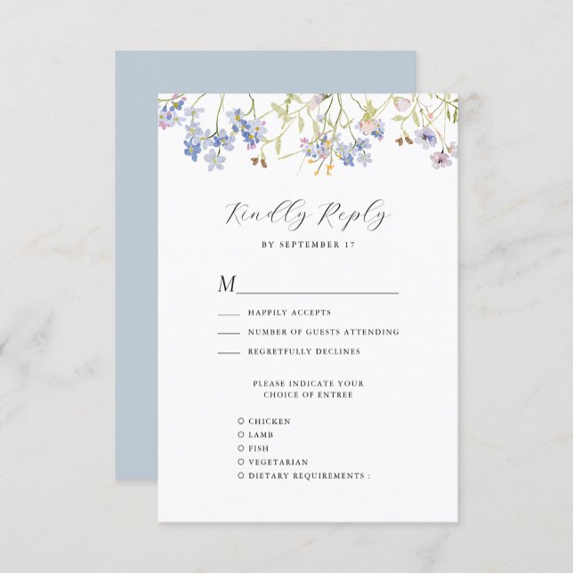 Dusty Blue Wildflower Whimsical Modern Wedding RSVP Card (Creator Uploaded)