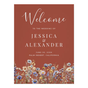 Dusty Blue Wildflowers 24x36 Rust Wedding Welcome Poster