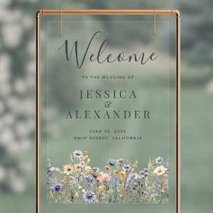 Dusty Blue Wildflowers 24x36 Wedding Welcome Acrylic Sign