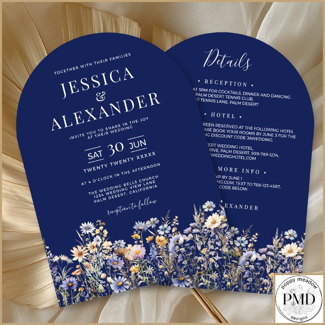 Dusty Blue Wildflowers All In One Navy Wedding Invitation (Dusty Blue Wildflowers Elegan All In One Navy Wedding Invitation with Reception, Hotel, RSVP on Back)