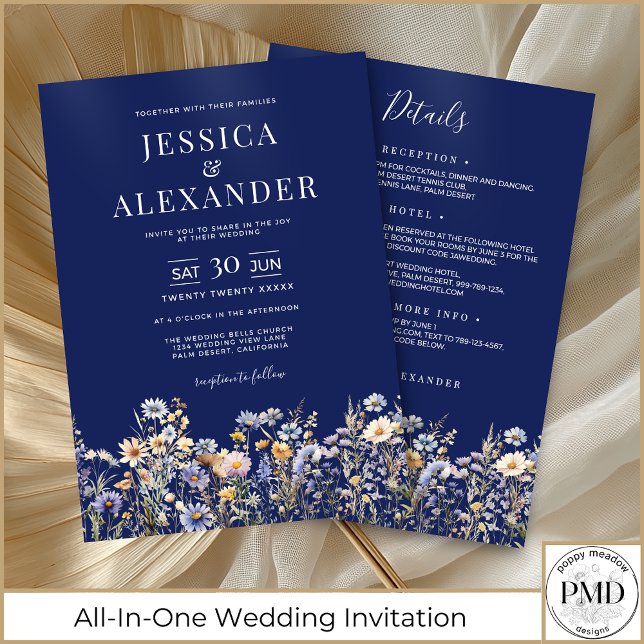 Dusty Blue Wildflowers All In One Navy Wedding Invitation (Dusty Blue Wildflower All In One Navy Wedding Invitation with Reception, Hotel, RSVP on Back)