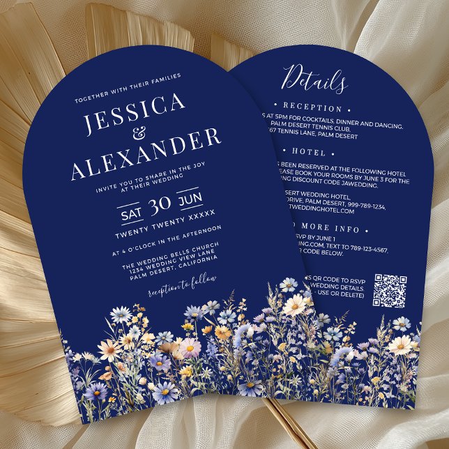 Dusty Blue Wildflowers All In One QR Navy Wedding Invitation (Dusty Blue Wildflower All In One QR Code Navy Wedding Invitation with Reception, Hotel, RSVP on Back)