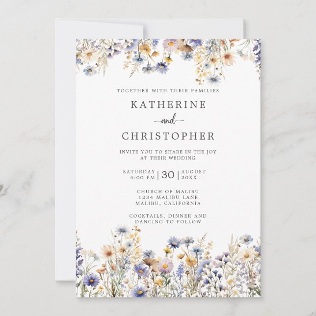 Dusty Blue Wildflowers Budget All-In-One Wedding Invitation (Front)