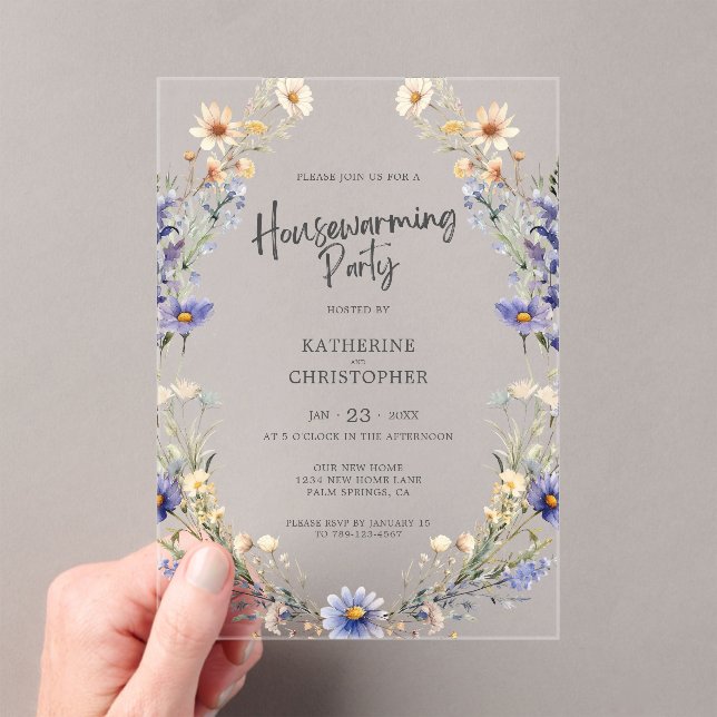Dusty Blue Wildflowers Custom Housewarming Party Acrylic Invitations (Insitu (Handheld))