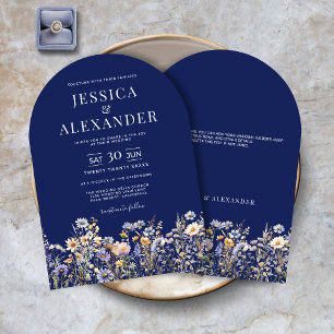 Dusty Blue Wildflowers Elegant Arch Navy Wedding Invitation