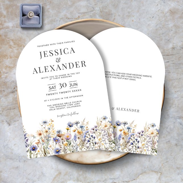 Dusty Blue Wildflowers Elegant Arch Wedding Invitation (Dusty Blue Wildflowers Elegant Arch Wedding Invitation with Modern Typography, Optional Text on Back)