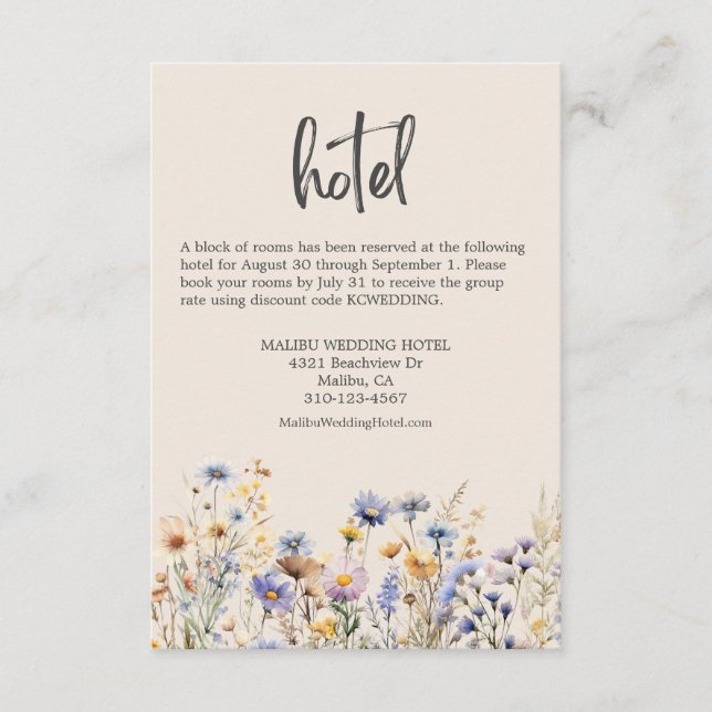 Dusty Blue Wildflowers Elegant Beige Wedding Hotel Enclosure Card (Front)