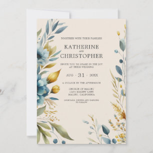 Dusty Blue Wildflowers Elegant Beige Wedding Invitation