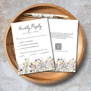 Dusty Blue Wildflowers Elegant Script Wedding RSVP Card