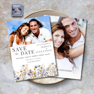 Dusty Blue Wildflowers Elegant Two Photo Wedding Save The Date