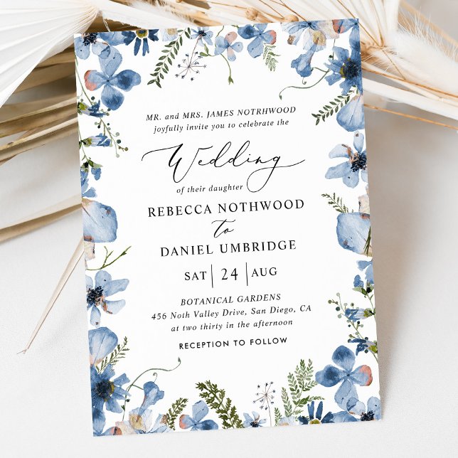 Dusty Blue Wildflowers Elegant Wedding Invitation (Creator Uploaded)