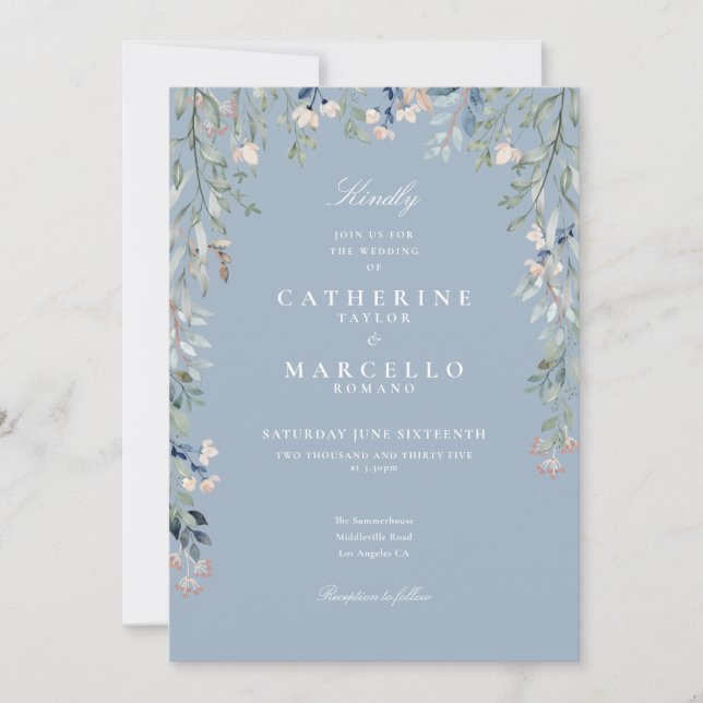 Dusty Blue Wildflowers Floral QR Code Wedding Invitation (Front)