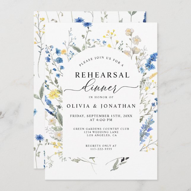 Dusty Blue WildFlowers Floral Rehearsal Dinner Invitation (Front/Back)