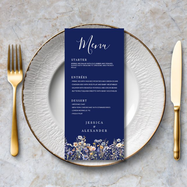 Dusty Blue Wildflowers Formal Elegant Navy Wedding Menu (Dusty Blue Wildflowers Formal Elegant Navy Wedding Menu with Meny Options, Couple Names.)