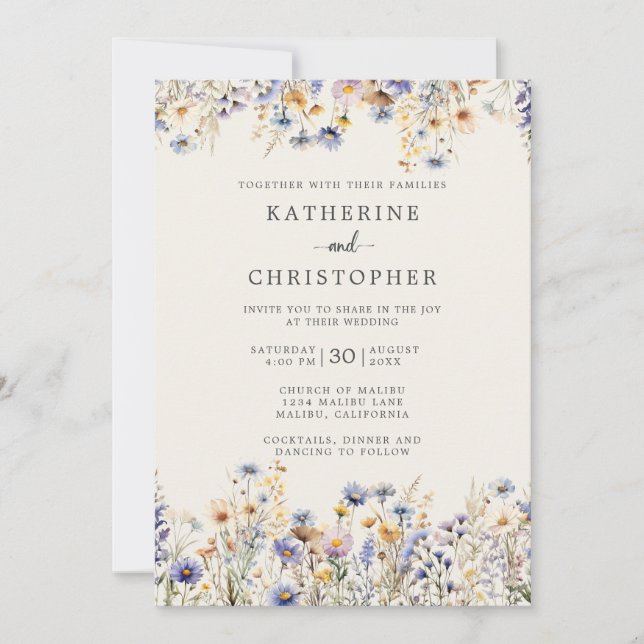 Dusty Blue Wildflowers Formal Ivory Wedding Invitation (Front)