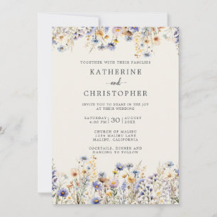 Dusty Blue Wildflowers Formal Ivory Wedding Invitation