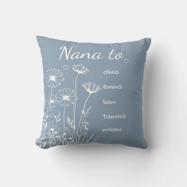 Dusty Blue Wildflowers Grandchildrens Names Nana Cushion (Front)