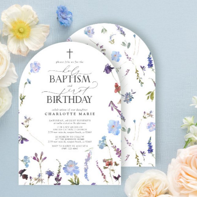 Dusty Blue Wildflowers Holy Baptism & 1st Birthday Invitation (Creator Uploaded)