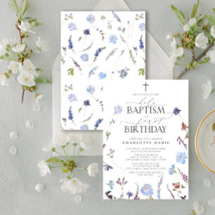 Dusty Blue Wildflowers Holy Baptism & 1st Birthday Invitation