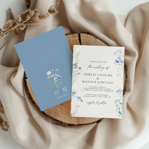 Dusty Blue Wildflowers Monogram Wedding Invitation