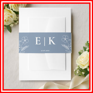 Dusty Blue Wildflowers Monogram Wedding Invitation Belly Band