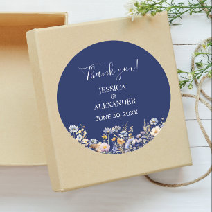 Dusty Blue Wildflowers Navy Wedding Thank You Classic Round Sticker