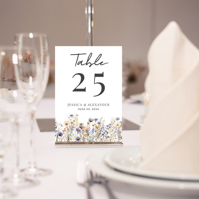 Dusty Blue Wildflowers Script Elegant Wedding Table Number (Dusty Blue Wildflowers Elegant Script Wedding 3.5 x 5 Table Number with Couple Names, Date.)