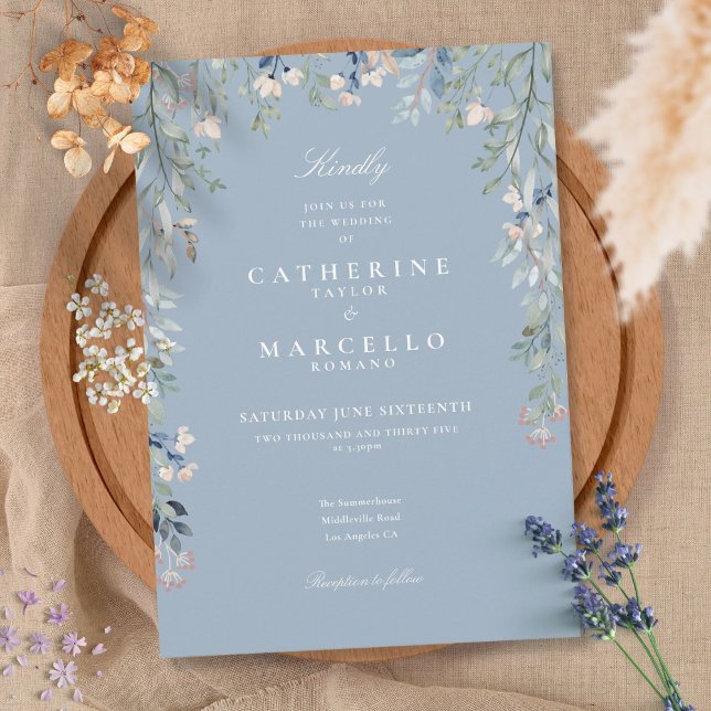 Dusty Blue Wildflowers Watercolor Floral Wedding Invitation (Creator Uploaded)