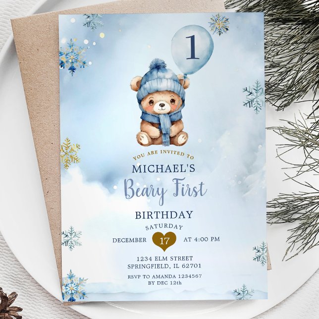 Dusty Blue Winter Beary First Birthday Snowflake Invitation (Creator Uploaded)