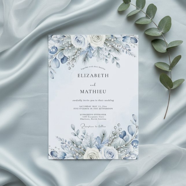 Dusty Blue Winter Bloom Wedding Invitation (Creator Uploaded)