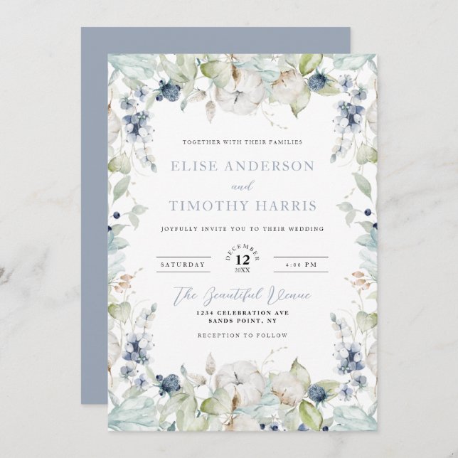 Dusty Blue Winter Floral Frame Wedding Invitation (Front/Back)