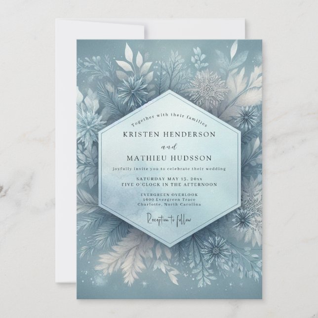 Dusty Blue Winter Floral Wedding Invitation (Front)