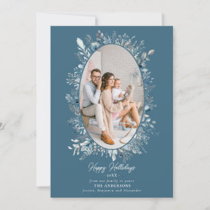 Dusty Blue Winter Foliage Wreath Family Photo Boho Holiday Card